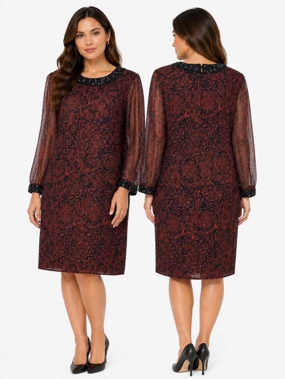 VTG Bill Blass Silk Beaded Trim Shift Dress Black Red Print Designer Knee Length